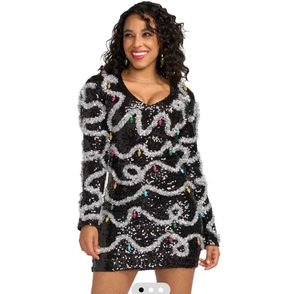 TIPSY‎ ELVES MIDNIGHT STRING OF LIGHTS BLACK SEQUIN CHRISTMAS DRESS Womens Large
